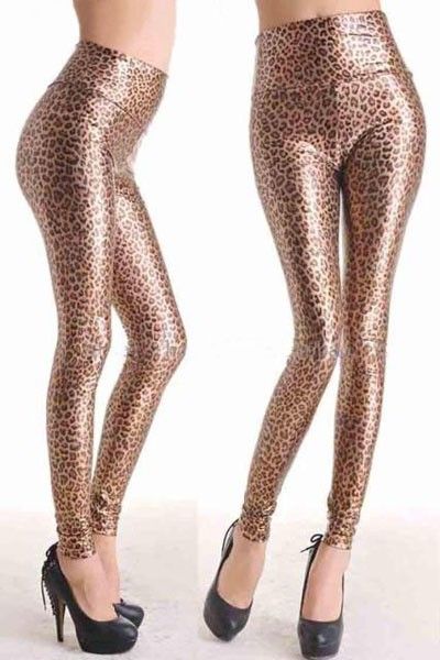 Leggings Moda Leopard em Couro Pu